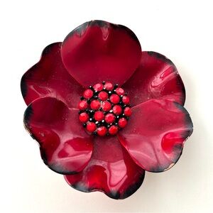 Vintage Red Enamel Flower Brooch